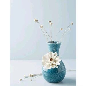 Anthropologie Teal Vase with White Floral Detail
